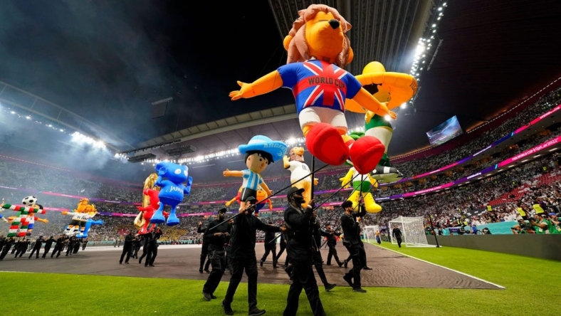 Nov 20, 2022; Al Khor, Qatar; Performers during an opening ceremony before a group stage match during the 2022 FIFA World Cup between Qatar and Ecuador at Al Bayt Stadium. Mandatory Credit: Danielle Parhizkaran-USA TODAY Sports