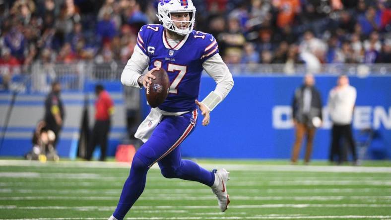 Nov 20, 2022; Detroit, Michigan, USA; Buffalo Bills quarterback Josh Allen (17) runs during the fourth quarter against the Cleveland Browns at Ford Field. Mandatory Credit: Tim Fuller-USA TODAY Sports