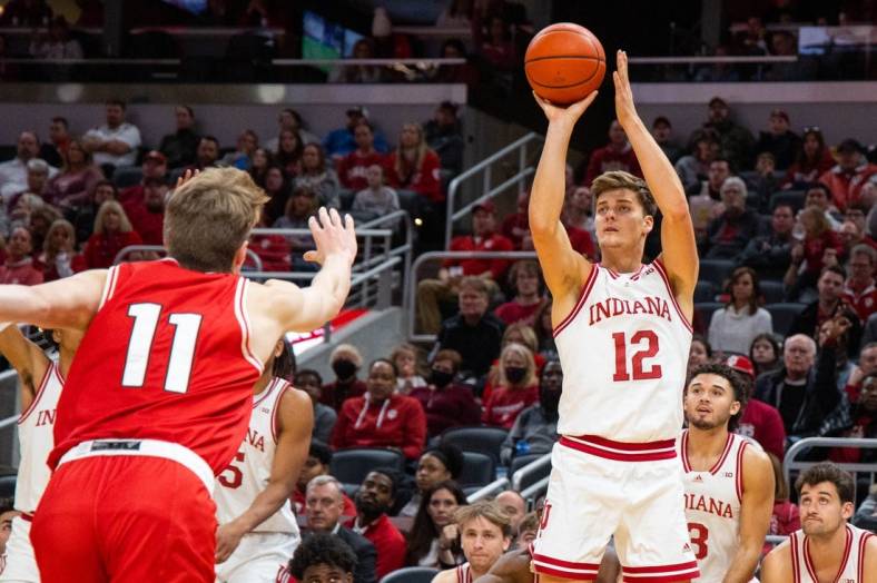 Nov 20, 2022; Indianapolis, Indiana, USA; Indiana Hoosiers forward Miller Kopp (12) shoots the ball in the second half against the Miami (Oh) Redhawks at Gainbridge Fieldhouse. Mandatory Credit: Trevor Ruszkowski-USA TODAY Sports