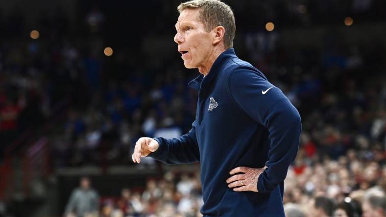 Nov 20, 2022; Spokane, Washington, USA; Gonzaga Bulldogs head coach Mark Few looks on against the Kentucky Wildcats in the first half at Spokane Arena. Mandatory Credit: James Snook-USA TODAY Sports