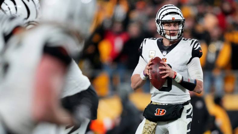 Nov 20, 2022; Pittsburgh, Pennsylvania, USA; Cincinnati Bengals quarterback Joe Burrow (9) eyes Cincinnati Bengals wide receiver Trenton Irwin (16) as he drops back to pass in the third quarter against the Pittsburgh Steelers at Acrisure Stadium. Mandatory Credit: Kareem Elgazzar-USA TODAY Sports-The Cincinnati Enquirer