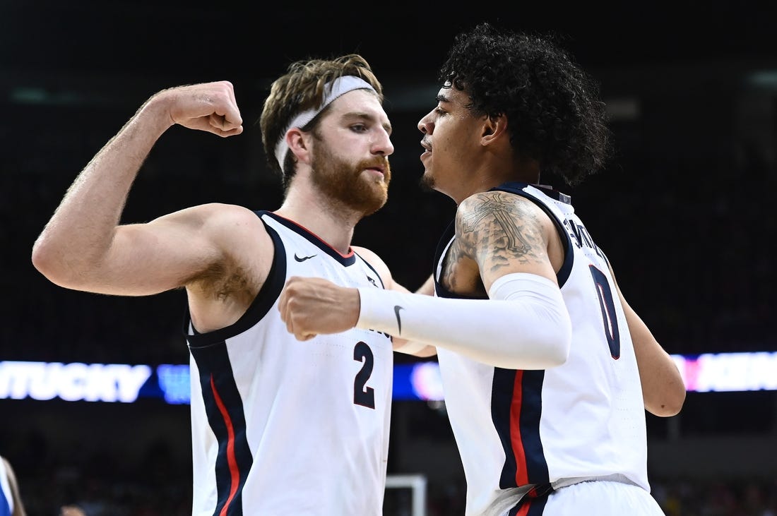 Nov 20, 2022; Spokane, Washington, USA; Gonzaga Bulldogs forward Drew Timme (2) and Gonzaga Bulldogs guard Julian Strawther (0) celebrate after a play against the Kentucky Wildcats in the second half at Spokane Arena. Gonzaga won 88-72. Mandatory Credit: James Snook-USA TODAY Sports