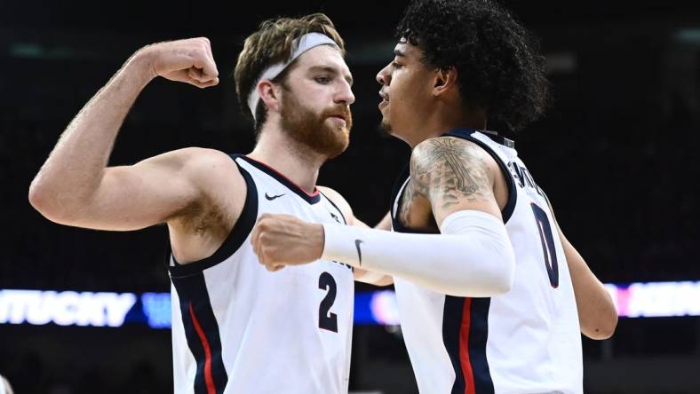 Nov 20, 2022; Spokane, Washington, USA; Gonzaga Bulldogs forward Drew Timme (2) and Gonzaga Bulldogs guard Julian Strawther (0) celebrate after a play against the Kentucky Wildcats in the second half at Spokane Arena. Gonzaga won 88-72. Mandatory Credit: James Snook-USA TODAY Sports