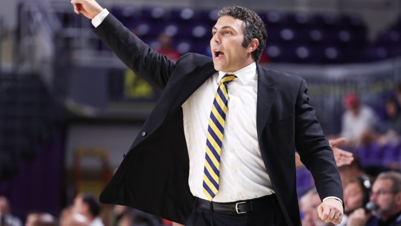 Nov 21, 2022; Fort Myers, Florida, USA;  Georgia Tech Yellow Jackets head coach Josh Pastner calls a play against the Utah Utes in the first half during the Fort Myers Tip-off at Suncoast Credit Union Arena. Mandatory Credit: Nathan Ray Seebeck-USA TODAY Sports