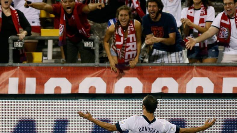 Landon Donovan (10) of the United States celebrates after scoring on Jos     de Jes    s Corona (1) of Mexico        s Men National Team (not in picture) to put United States up 2-0 in the 2nd half during the 2014 FIFA World Cup Qualifying match at Columbus Crew Stadium in Columbus, Ohio on September  10, 2013.

Usavsmex Kr 19

Syndication The Columbus Dispatch