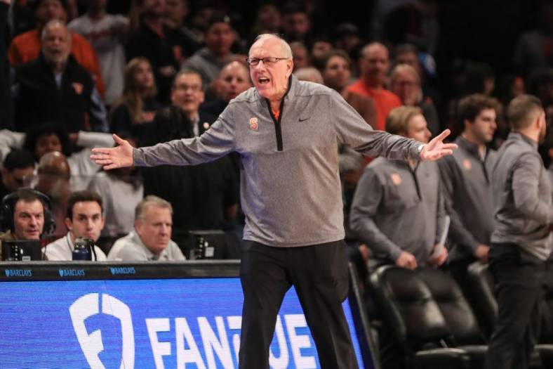 Nov 21, 2022; Brooklyn, New York, USA;  Syracuse Orange head coach Jim Boeheim argues with an official in the second half against the Richmond Spiders at Barclays Center. Mandatory Credit: Wendell Cruz-USA TODAY Sports