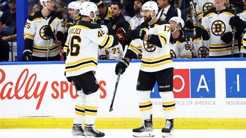 Nov 21, 2022; Tampa, Florida, USA; Boston Bruins left wing Nick Foligno (17) is congratulated after he scores s goal against the Tampa Bay Lightning during the second period at Amalie Arena. Mandatory Credit: Kim Klement-USA TODAY Sports