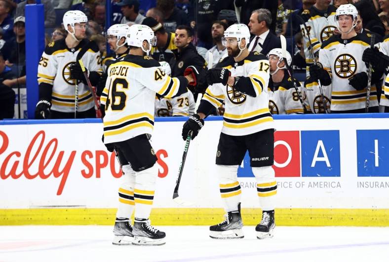 Nov 21, 2022; Tampa, Florida, USA; Boston Bruins left wing Nick Foligno (17) is congratulated after he scores s goal against the Tampa Bay Lightning during the second period at Amalie Arena. Mandatory Credit: Kim Klement-USA TODAY Sports