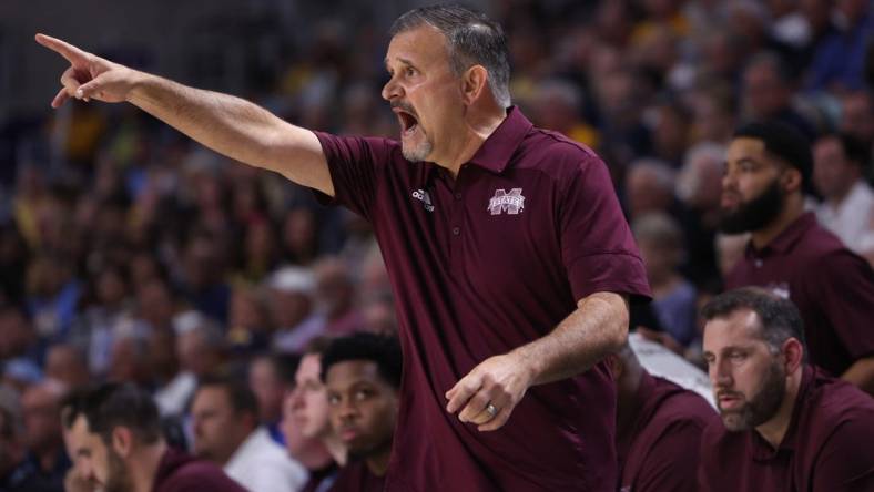 Nov 21, 2022; Fort Myers, Florida, USA;  Mississippi State Bulldogs head coach Chris Jans directs his team against the Marquette Golden Eagles in the first half during the Fort Myers Tip-off at Suncoast Credit Union Arena. Mandatory Credit: Nathan Ray Seebeck-USA TODAY Sports