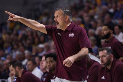 Nov 21, 2022; Fort Myers, Florida, USA;  Mississippi State Bulldogs head coach Chris Jans directs his team against the Marquette Golden Eagles in the first half during the Fort Myers Tip-off at Suncoast Credit Union Arena. Mandatory Credit: Nathan Ray Seebeck-USA TODAY Sports
