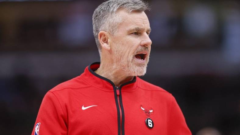 Nov 21, 2022; Chicago, Illinois, USA; Chicago Bulls head coach Billy Donovan reacts during the first half at United Center. Mandatory Credit: Kamil Krzaczynski-USA TODAY Sports