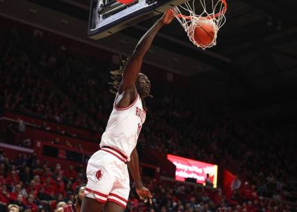Nov 22, 2022; Piscataway, New Jersey, USA; Rutgers Scarlet Knights center Clifford Omoruyi (11) dunks the ball during the second half against the Rider Broncs at Jersey Mike's Arena. Mandatory Credit: Vincent Carchietta-USA TODAY Sports