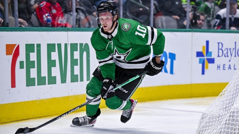 Oct 27, 2022; Dallas, Texas, USA; Dallas Stars center Ty Dellandrea (10) in action during the game between the Dallas Stars and the Washington Capitals at the American Airlines Center. Mandatory Credit: Jerome Miron-USA TODAY Sports