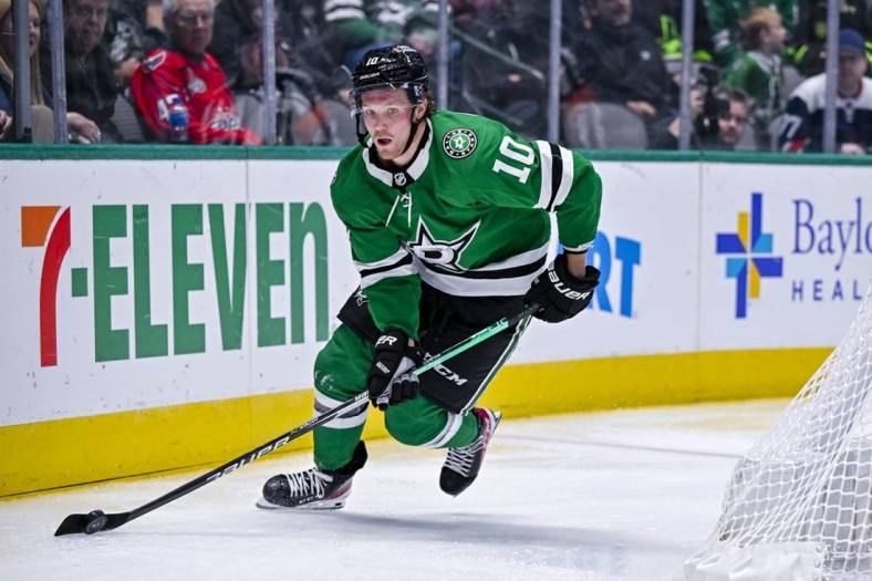 Oct 27, 2022; Dallas, Texas, USA; Dallas Stars center Ty Dellandrea (10) in action during the game between the Dallas Stars and the Washington Capitals at the American Airlines Center. Mandatory Credit: Jerome Miron-USA TODAY Sports