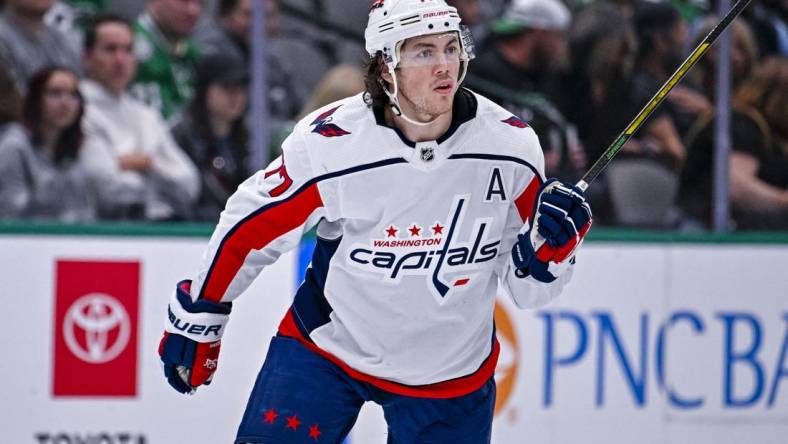 Oct 27, 2022; Dallas, Texas, USA; Washington Capitals right wing T.J. Oshie (77) in action during the game between the Dallas Stars and the Washington Capitals at the American Airlines Center. Mandatory Credit: Jerome Miron-USA TODAY Sports