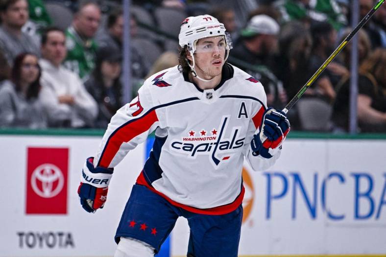 Oct 27, 2022; Dallas, Texas, USA; Washington Capitals right wing T.J. Oshie (77) in action during the game between the Dallas Stars and the Washington Capitals at the American Airlines Center. Mandatory Credit: Jerome Miron-USA TODAY Sports