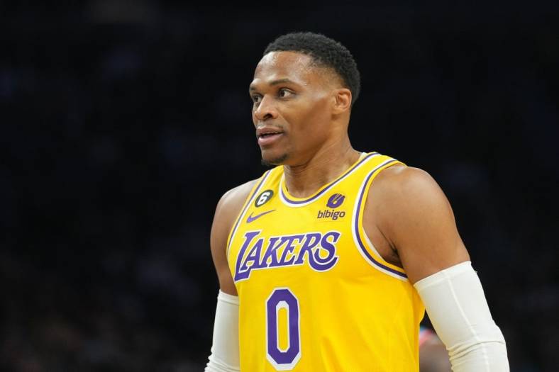 Nov 22, 2022; Phoenix, Arizona, USA; Los Angeles Lakers guard Russell Westbrook (0) looks on against the Phoenix Suns during the first half at Footprint Center. Mandatory Credit: Joe Camporeale-USA TODAY Sports