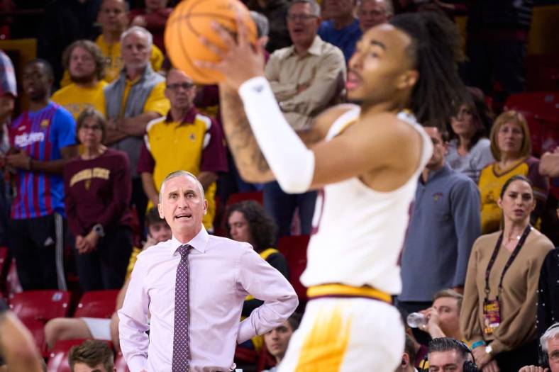 Arizona State Sun Devils head coach Bobby Hurley watches as sophomore guard Frankie Collins (10) looks to pass the ball to a teammate at Desert Financial Arena on Tuesday, Nov. 22, 2022.

Basketball Asu Mbb Grambling State At Arizona State