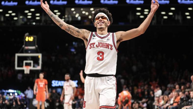 Nov 22, 2022; Brooklyn, New York, USA;  St. John's Red Storm guard Andre Curbelo (3) celebrates in the second half against the Syracuse Orange at Barclays Center. Mandatory Credit: Wendell Cruz-USA TODAY Sports