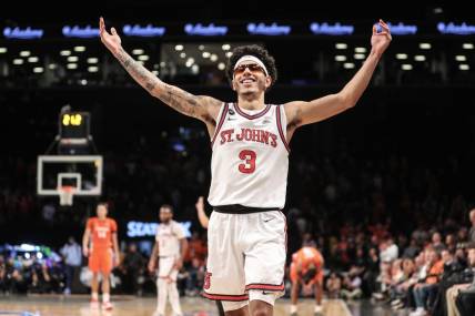 Nov 22, 2022; Brooklyn, New York, USA;  St. John's Red Storm guard Andre Curbelo (3) celebrates in the second half against the Syracuse Orange at Barclays Center. Mandatory Credit: Wendell Cruz-USA TODAY Sports