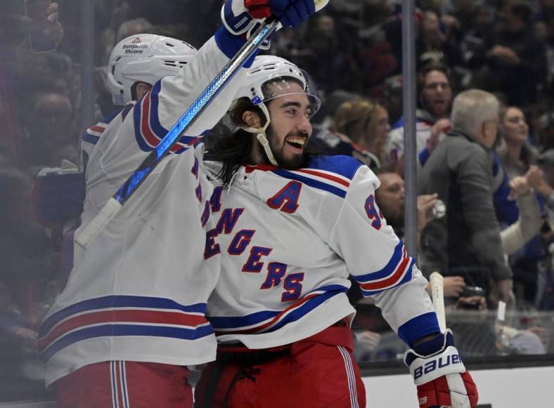 Nov 22, 2022; Los Angeles, California, USA;  New York Rangers left wing Chris Kreider (20) is congratulated by center Mika Zibanejad (93) after a goal in the third period against the Los Angeles Kings at Crypto.com Arena. Mandatory Credit: Jayne Kamin-Oncea-USA TODAY Sports