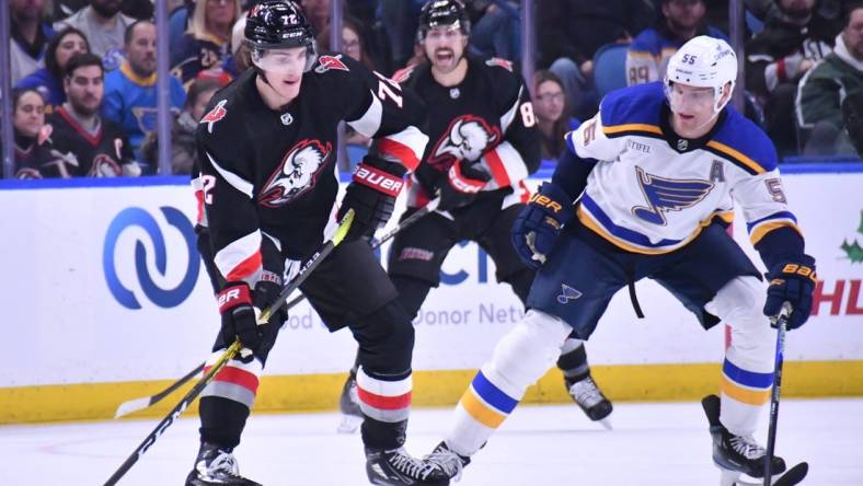 Nov 23, 2022; Buffalo, New York, USA; Buffalo Sabres right wing Tage Thompson (72) looks to get the puck past St. Louis Blues defenseman Colton Parayko (55) in the first period at KeyBank Center. Mandatory Credit: Mark Konezny-USA TODAY Sports