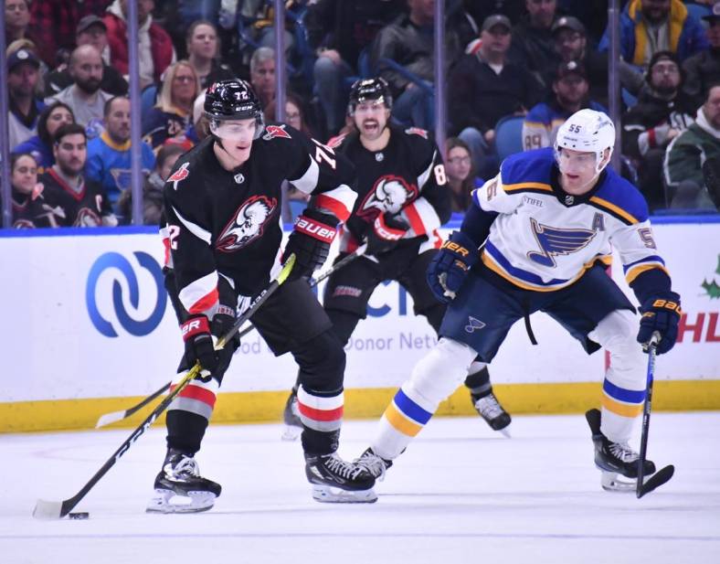 Nov 23, 2022; Buffalo, New York, USA; Buffalo Sabres right wing Tage Thompson (72) looks to get the puck past St. Louis Blues defenseman Colton Parayko (55) in the first period at KeyBank Center. Mandatory Credit: Mark Konezny-USA TODAY Sports
