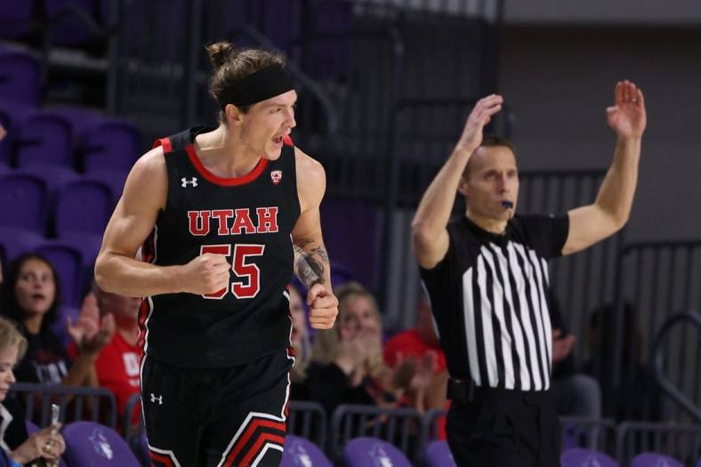 Nov 23, 2022; Fort Myers, Florida, USA;  Utah Utes guard Gabe Madsen (55) reacts after making a shot against the Mississippi State Bulldogs in the second half during the Fort Myers Tip-Off Beach Division championship game at Suncoast Credit Union Arena. Mandatory Credit: Nathan Ray Seebeck-USA TODAY Sports