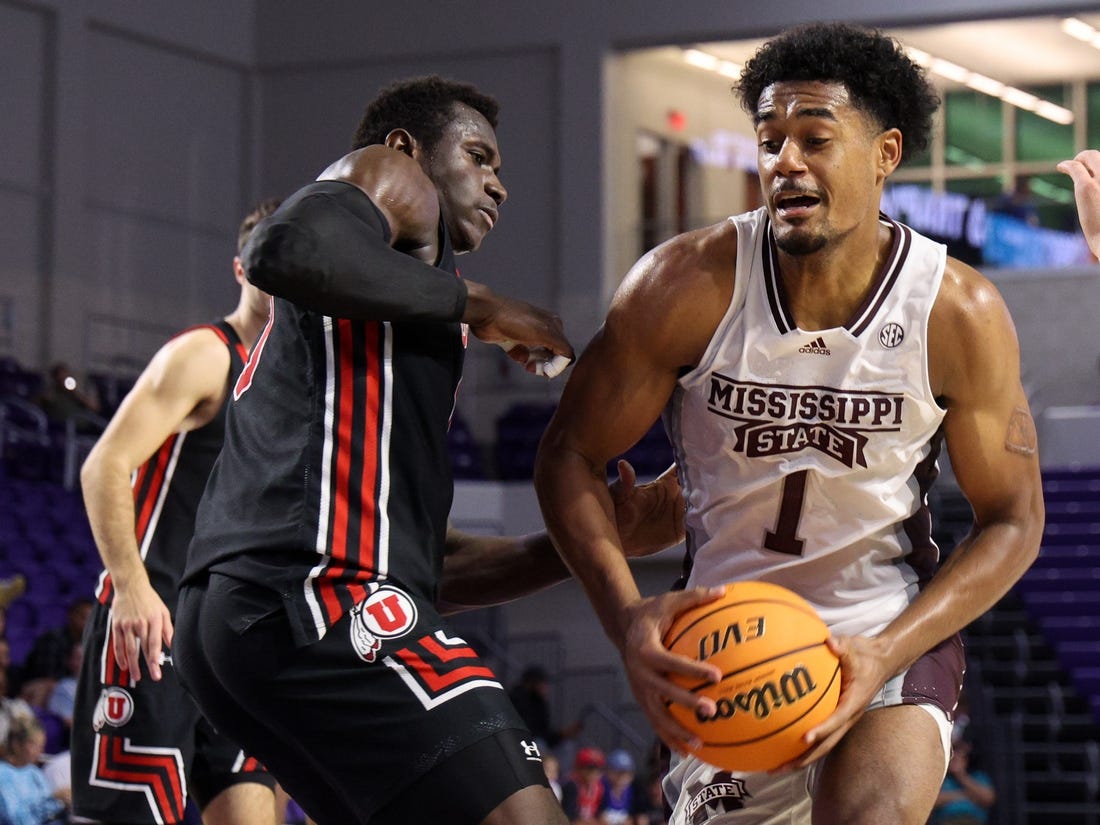 Nov 23, 2022; Fort Myers, Florida, USA;  Mississippi State Bulldogs forward Tolu Smith (1) drives to the hoop past Utah Utes center Keba Keita (13) in the second half during the Fort Myers Tip-Off Beach Division championship game at Suncoast Credit Union Arena. Mandatory Credit: Nathan Ray Seebeck-USA TODAY Sports