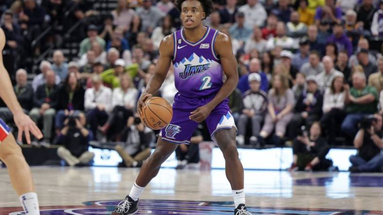 Nov 23, 2022; Salt Lake City, Utah, USA;  Utah Jazz guard Collin Sexton (2) controls the ball during the second half against the Detroit Pistons at Vivint Arena. Mandatory Credit: Chris Nicoll-USA TODAY Sports