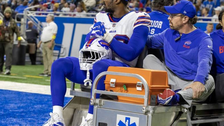 Nov 24, 2022; Detroit, Michigan, USA; Buffalo Bills linebacker Von Miller (40) is carted off the field during the second quarter of a game against the Detroit Lions at Ford Field. Mandatory Credit: David Reginek-USA TODAY Sports