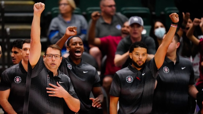 11/24/2022;  Orlando, FL, USA;  Stanford Cardinal head coach Jerod Haase celebrates a point against the Mississippi Rebels during the second half at State Farm Field House.  Mandatory Credit: Rich Story-USA TODAY Sports