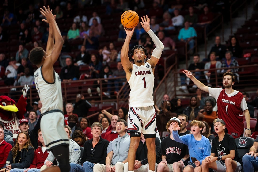 Nov 25, 2022; Charleston, South Carolina, USA; South Carolina Gamecocks guard Jacobi Wright (1) shoots against the USC Upstate Spartans in the first half at Colonial Life Arena. Mandatory Credit: Jeff Blake-USA TODAY Sports