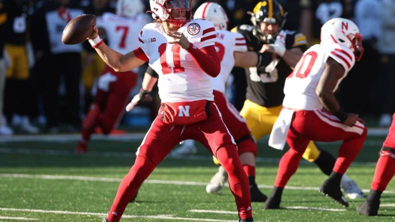 Nov 25, 2022; Iowa City, Iowa, USA; Nebraska Cornhuskers quarterback Casey Thompson throws a pass against the Iowa Hawkeyes at Kinnick Stadium. Mandatory Credit: Reese Strickland-USA TODAY Sports