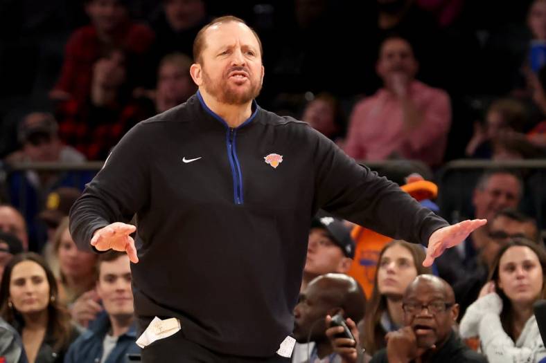 Nov 25, 2022; New York, New York, USA; New York Knicks head coach Tom Thibodeau coaches against the Portland Trail Blazers during overtime at Madison Square Garden. Mandatory Credit: Brad Penner-USA TODAY Sports