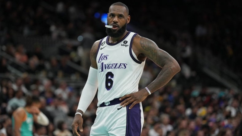 Nov 25, 2022; San Antonio, Texas, USA; Los Angeles Lakers forward LeBron James (6) looks on in the second half against the San Antonio Spurs at the AT&T Center. Mandatory Credit: Daniel Dunn-USA TODAY Sports