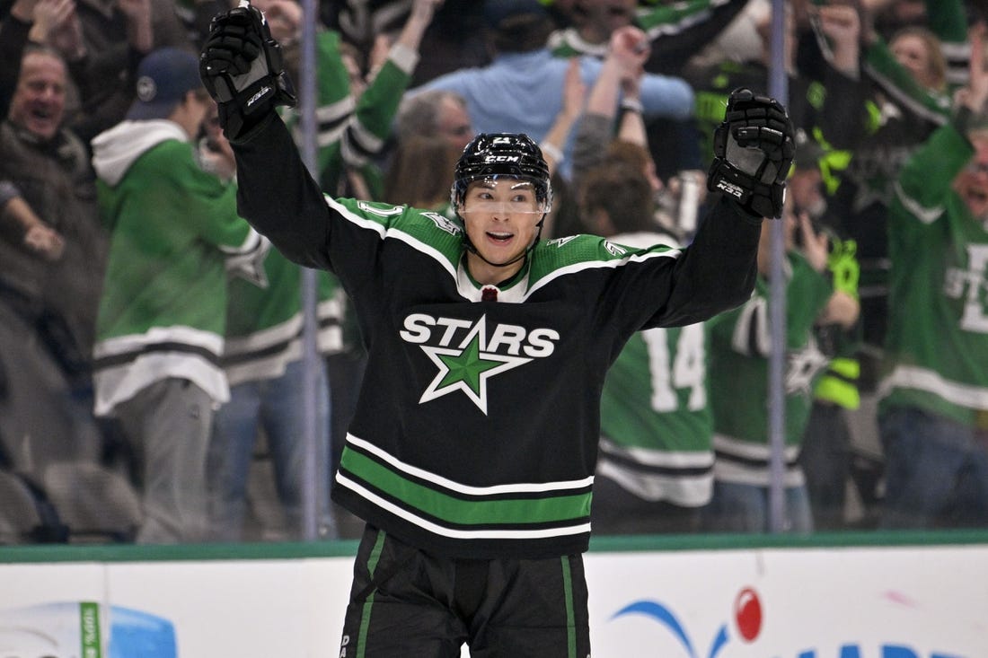 Nov 25, 2022; Dallas, Texas, USA; Dallas Stars left wing Jason Robertson (21) celebrates scoring the game tying  goal against the Winnipeg Jets during the third period at the American Airlines Center. Mandatory Credit: Jerome Miron-USA TODAY Sports