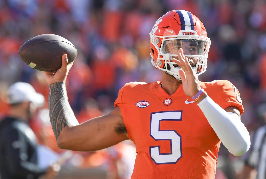 Nov 26, 2022; Clemson, SC, USA; Clemson quarterback D.J. Uiagalelei (5) warms up before the game with South Carolina at Memorial Stadium in Clemson, S.C. Saturday, Nov. 26, 2022.    Mandatory Credit: Ken Ruinard-USA TODAY Sports