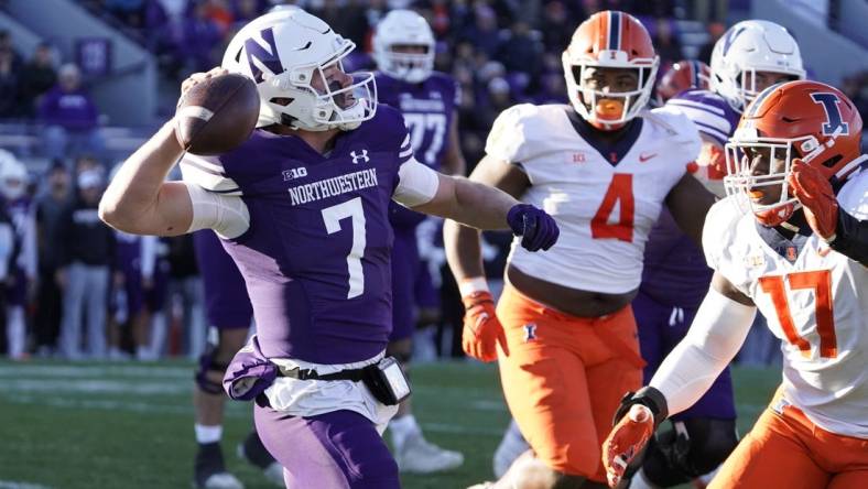 Nov 26, 2022; Evanston, Illinois, USA; Northwestern Wildcats quarterback Cole Freeman (7) looks to pass against the Illinois Fighting Illini during the first half at Ryan Field. Mandatory Credit: David Banks-USA TODAY Sports