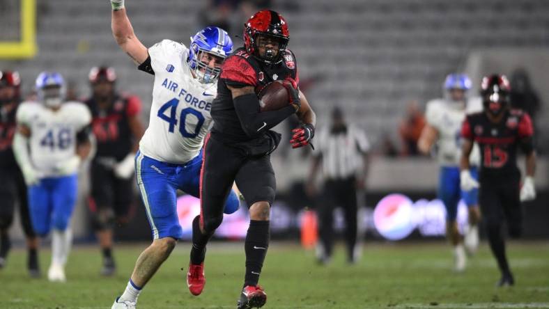 Nov 26, 2022; San Diego, California, USA; San Diego State Aztecs wide receiver Brionne Penny (11) runs with the ball as Air Force Falcons linebacker Alec Mock (40) prepares to punch the ball during the second half at Snapdragon Stadium. Mandatory Credit: Orlando Ramirez-USA TODAY Sports