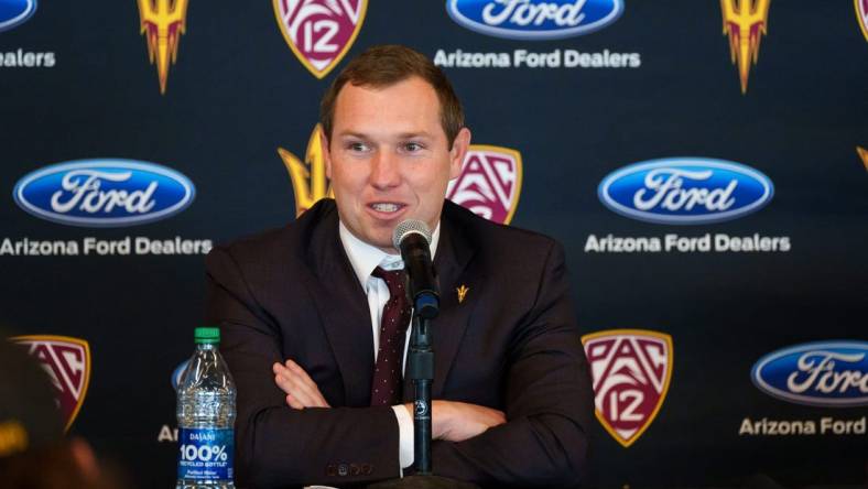 Kenny Dillingham speaks at his introductory press conference as ASU's 26th head football coach on Nov 27, 2022 in Sun Devil Stadium in Tempe, AZ.

Football Coach