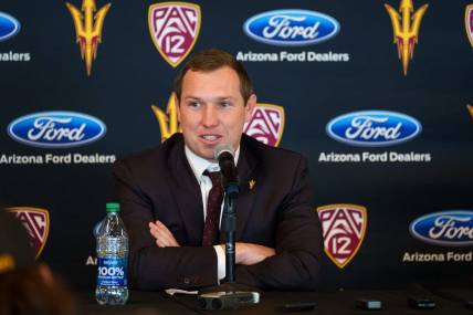 Kenny Dillingham speaks at his introductory press conference as ASU's 26th head football coach on Nov 27, 2022 in Sun Devil Stadium in Tempe, AZ.

Football Coach