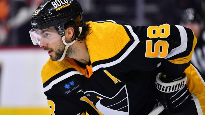 Nov 25, 2022; Philadelphia, Pennsylvania, USA; Pittsburgh Penguins defenseman Kris Letang (58) against the Philadelphia Flyers in the third period at Wells Fargo Center. Mandatory Credit: Kyle Ross-USA TODAY Sports