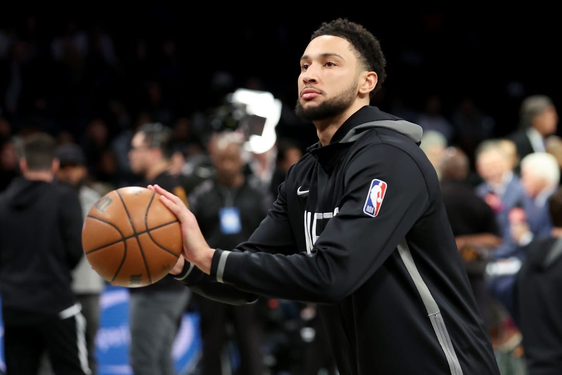 Nov 28, 2022; Brooklyn, New York, USA; Brooklyn Nets guard Ben Simmons (10) warms up before a game against the Orlando Magic at Barclays Center. Mandatory Credit: Brad Penner-USA TODAY Sports