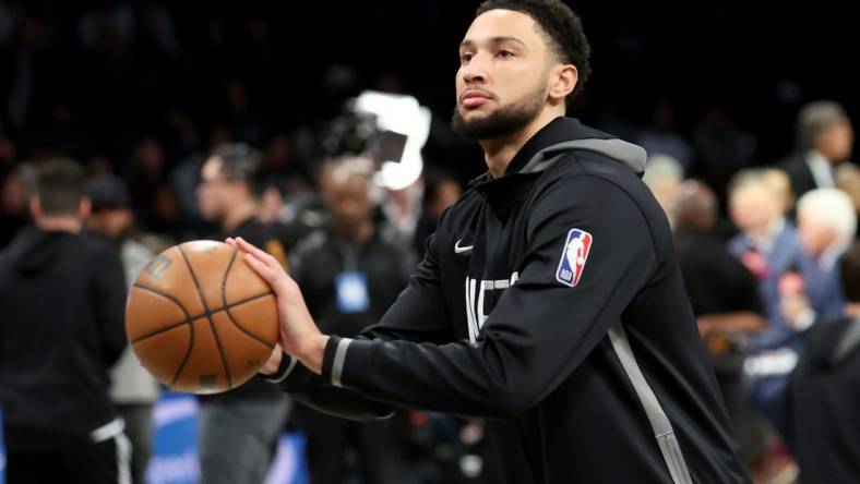 Nov 28, 2022; Brooklyn, New York, USA; Brooklyn Nets guard Ben Simmons (10) warms up before a game against the Orlando Magic at Barclays Center. Mandatory Credit: Brad Penner-USA TODAY Sports