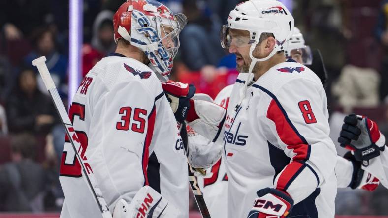 Nov 29, 2022; Vancouver, British Columbia, CAN; Washington Capitals goalie Darcy Kuemper (35) and forward Alex Ovechkin (8) celebrate their victory against the Vancouver Canucks at Rogers Arena. Washington won 5-1. Mandatory Credit: Bob Frid-USA TODAY Sports