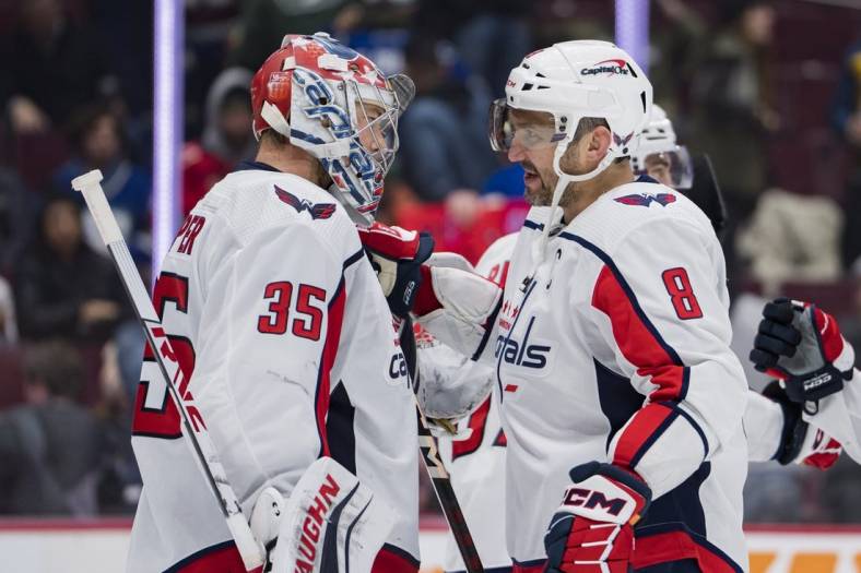 Nov 29, 2022; Vancouver, British Columbia, CAN; Washington Capitals goalie Darcy Kuemper (35) and forward Alex Ovechkin (8) celebrate their victory against the Vancouver Canucks at Rogers Arena. Washington won 5-1. Mandatory Credit: Bob Frid-USA TODAY Sports