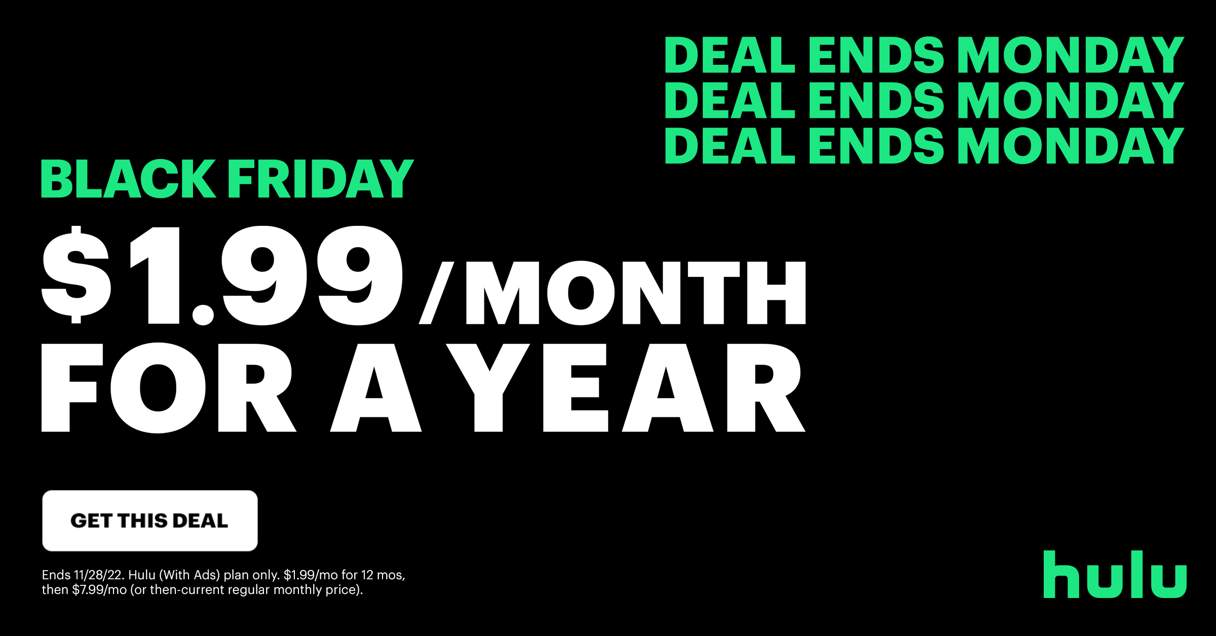 Hulu Black Friday Deal 2022 Get 12 Months for $1.99/Month