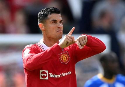 Manchester United's Cristiano Ronaldo reacts after their first goal. Manchester United v Brighton & Hove Albion - Old Trafford, Manchester, Britain - August 7, 2022