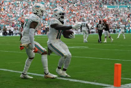 Miami Dolphins' Jaylen Waddle and Tyreek Hill
